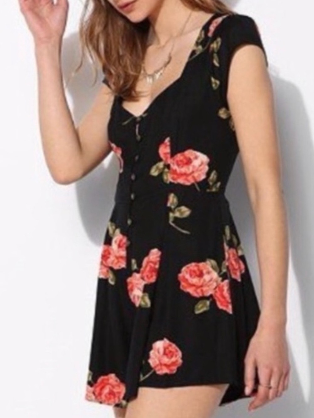 Black Floral Button-Front Mini jumpsuit with Pink Rose Print